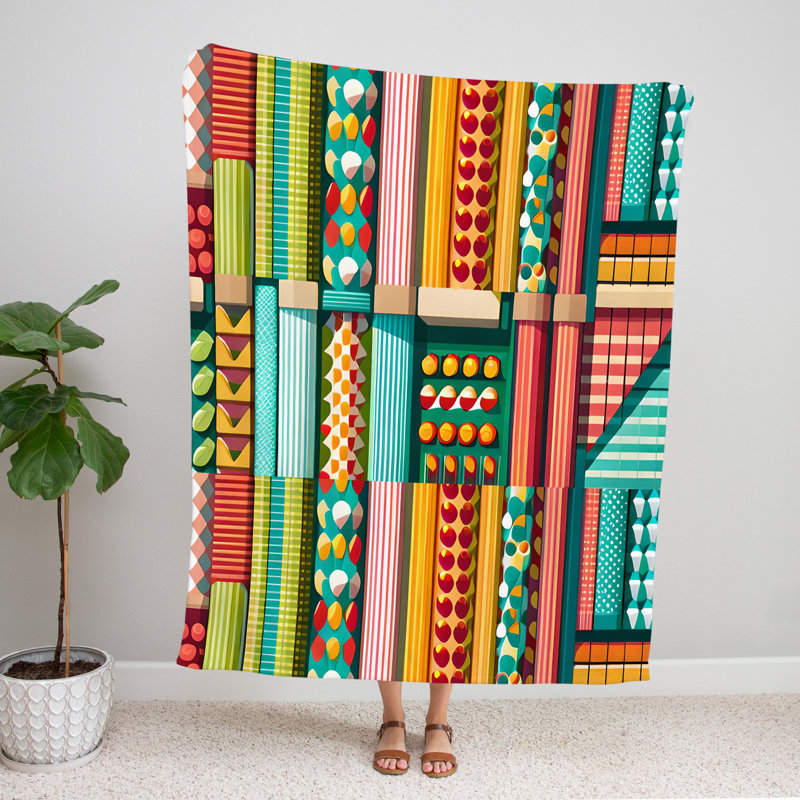 Throw Blanket, 68" W x 80" L, Striped/Abstract, Blue/Orange/Yellow
