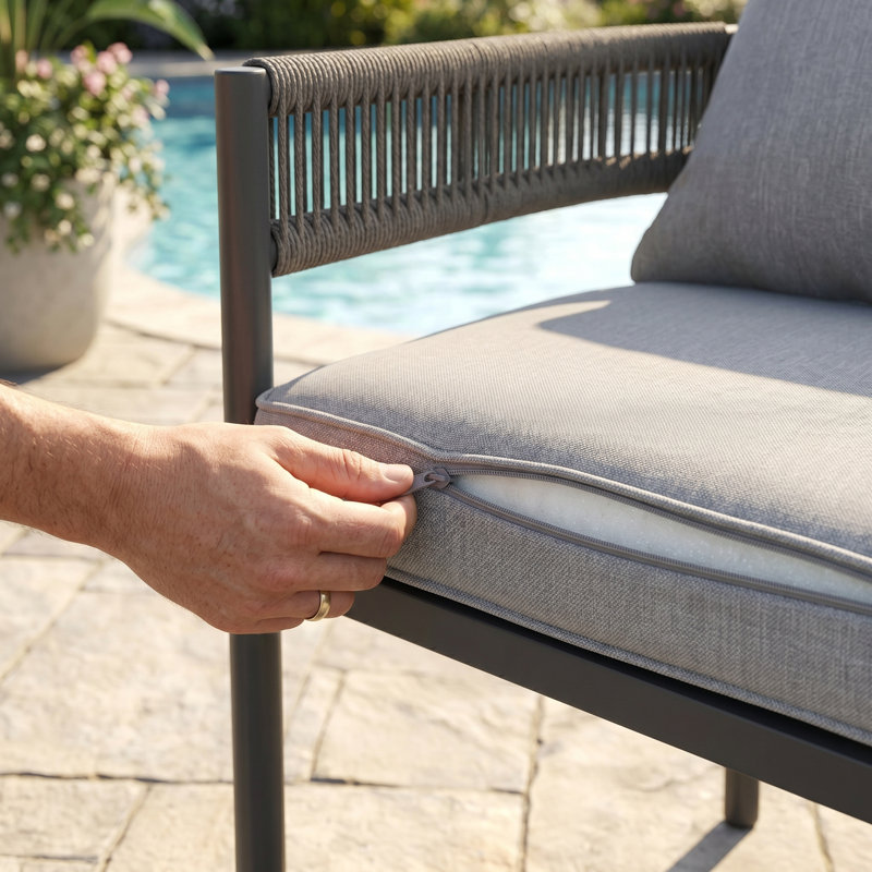 Ensemble bistro pour 2 personnes avec table carrée 27,6 po et 2 chaises en rotin avec coussins et coussins, Noir/gris