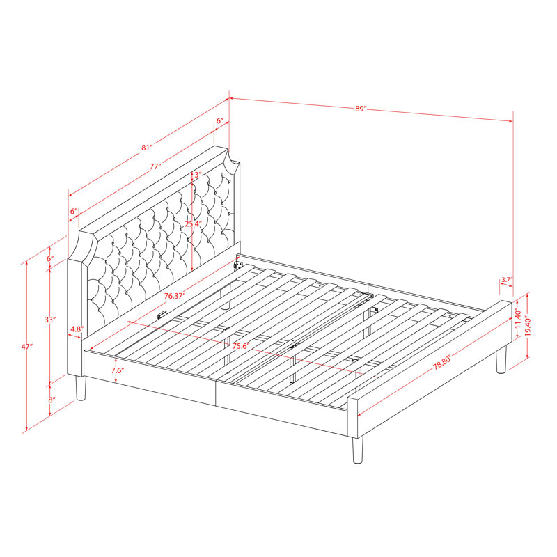 King Size Bed - Brown Textured Upholstered Headboard, Footboard and Wood Rails, Slats - Wooden 9 Legs with Full Support King Bed - Black Finish