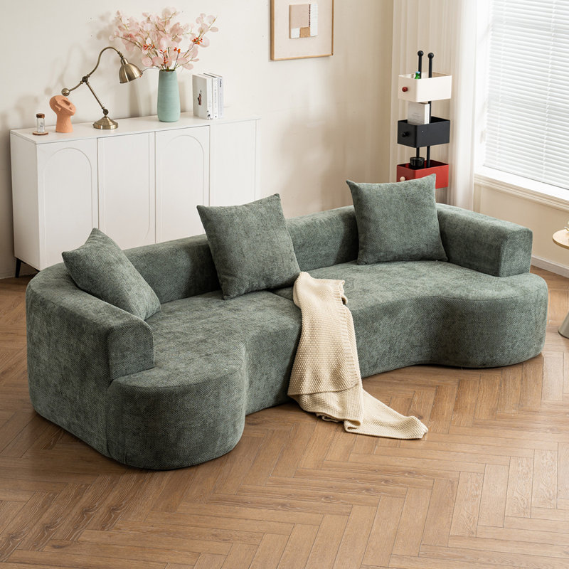 Stylish Style Modern style curved sofa, soft corduroy sofa with 3 pillows, Green
