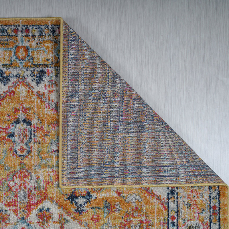Tapis oriental jaune / rose / bleu en polypropylène tissé à la machine Adin, Rectangle 6 pi 7 po x 9 pi 6 po
