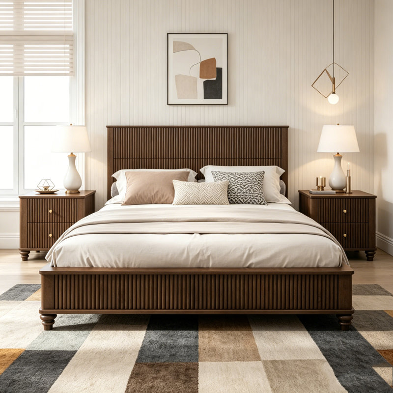 Ensemble de chambre à coucher 3 pièces avec très grand lit et 2 tables de chevet, Walnut, King