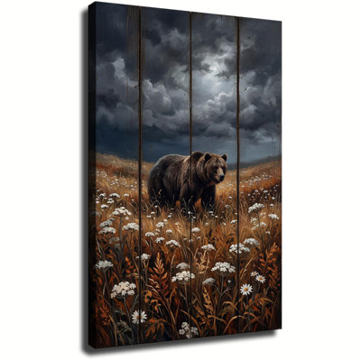 Rustic Grizzly Bear in Moonlit Meadow Canvas Art, Wrapped Canvas, Ready to Hang