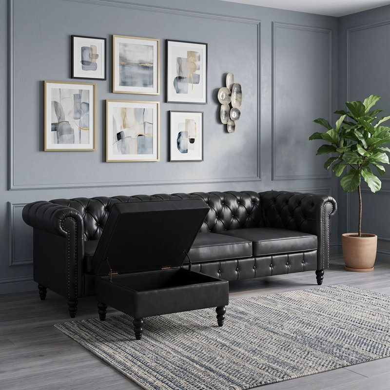 Canapé modulaire en L à 4 places avec repose-pieds, capitonnage capitonné et accoudoirs courbés garnis de rivets, Noir
