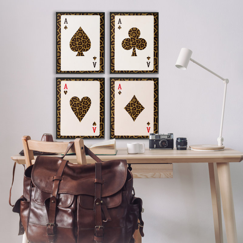"Leopard" Ace Card, ensemble de 4 impressions sur toile encadrées, dessin par Lil 'Rue, H 20 po x l 64 po