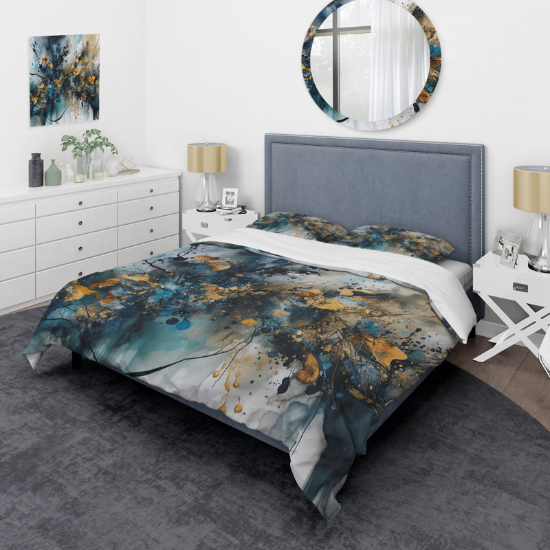 Ensemble de housse de couette en microfibre / polyester à encre liquide bleue et dorée