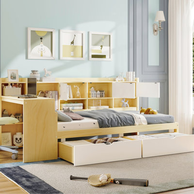 L-Shape Daybed With Workspace And Storage - Twin Size, Natural White Compartments Twin,