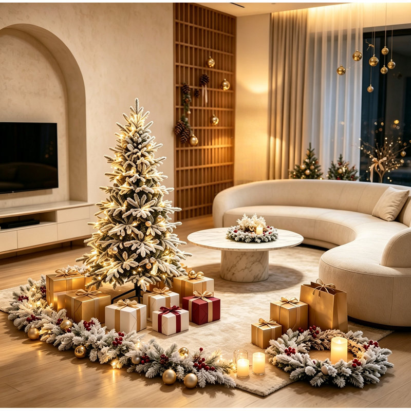 Sapin de Noël artificiel floqué d'hiver, préilluminé, 9 réglages d'éclairage à DEL double, PE en PVC, support en métal, décoration intérieure pour Noël et le Nouvel An