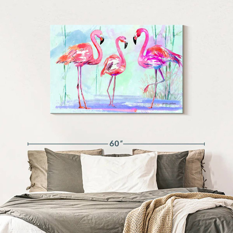 Trio flamant rose Brampt sur fond bleu, H 30 po x l 45 po