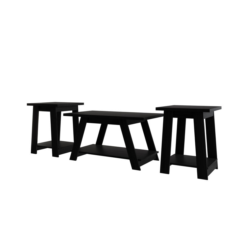 Ensemble de 3 tables basses et tables de bout modernes avec tablettes ouvertes - noir, Noir