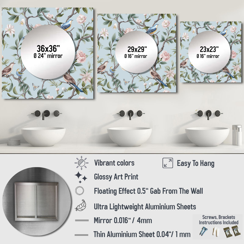 Jacenta - Minimalisme oiseau sur fleurs VII grand miroir carré floral pour décoration murale, 23 po x 23 po