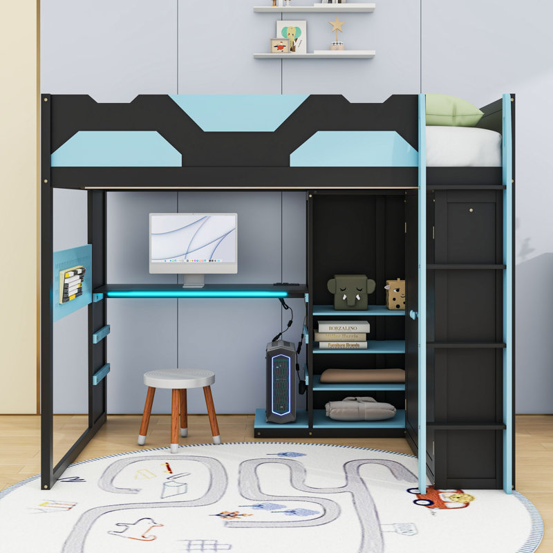 Full Wood Loft Bed With Adjustable Desk, Wardrobe, Charging Station And RGB LED Lighting, Cloud Blue