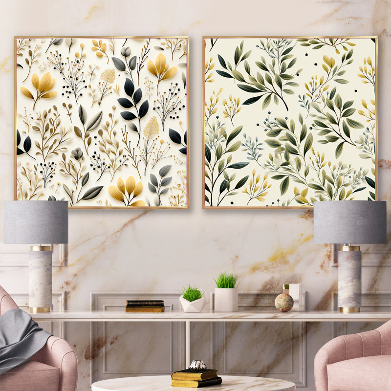 Watchet - Ensemble de 2 collages carrés floraux et botaniques, Cadre flottant doré, H 36 po x l 73 po