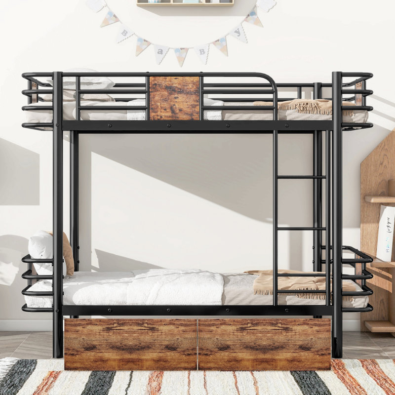 Lit superposé simple au-dessus de simple TG avec garde-corps en panneau de fibres à densité moyenne et deux tiroirs de rangement