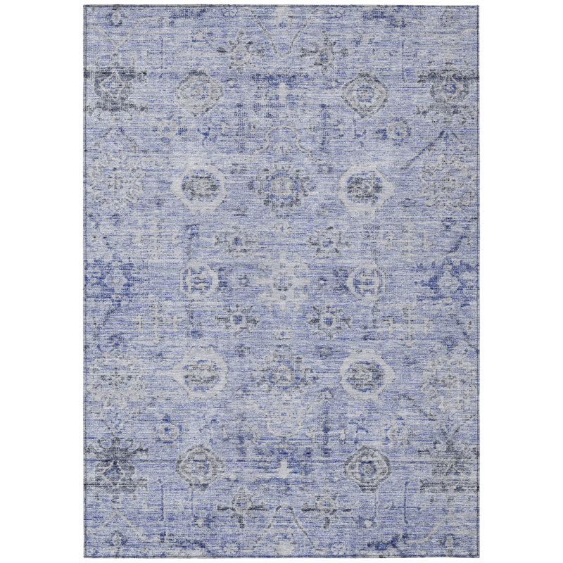 Tapis intérieur lavable damassé bleu et gris 10 pi x 14 pi