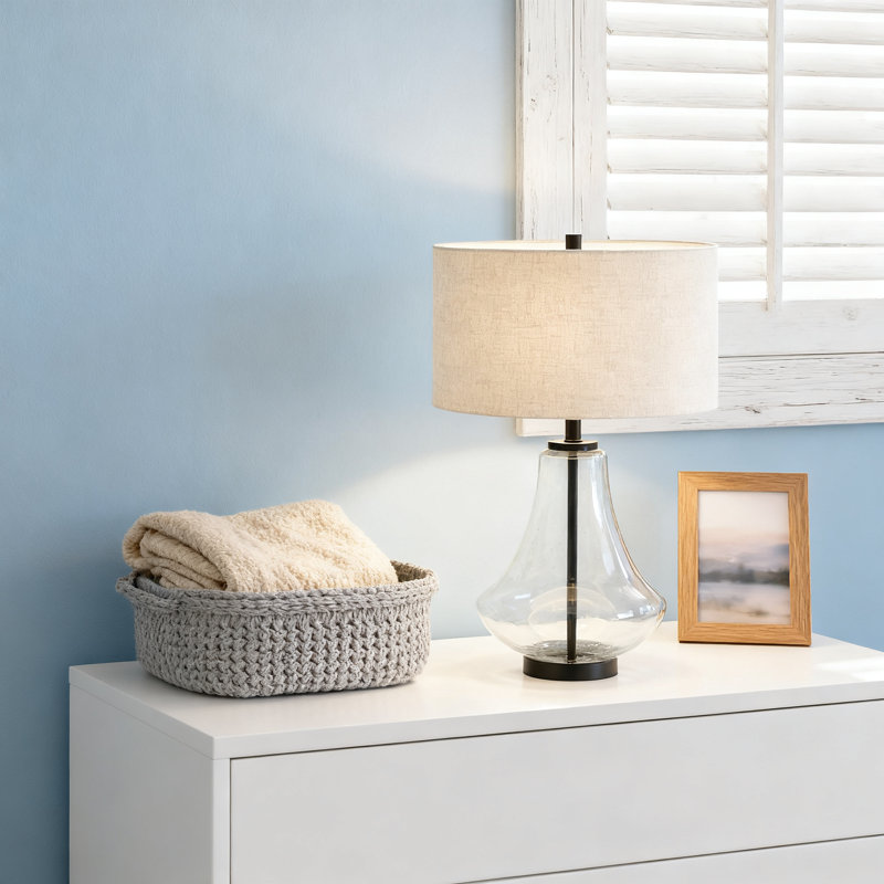 Lampe de table avec abat-jour en tissu et base en verre bullé pour la chambre à coucher ou le salon, lampe de table de chevet haute de 23 pouces avec interrupteur rotatif, utilise une ampoule E26