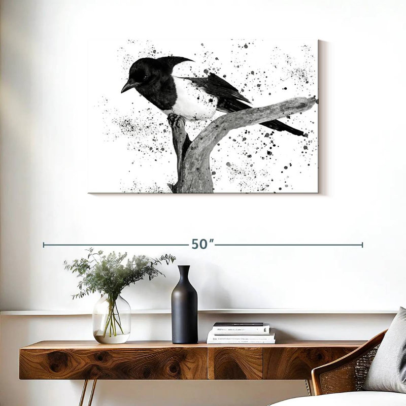 Oiseau noir et blanc Brampt, H 24 po x l 36 po