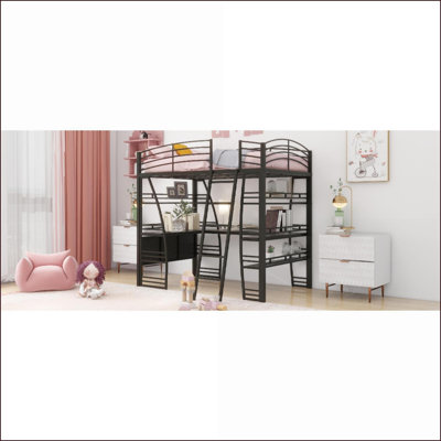 Full Size Metal Loft Bed with L-Shaped Desk &amp; 4 Shelves, Black – Built-in USB/Sockets/Wireless Charging