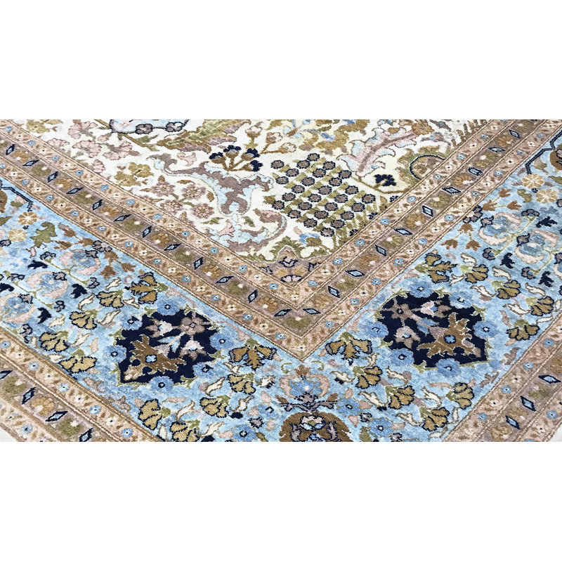 Tapis beige et bleu clair noué à la main de haute qualité