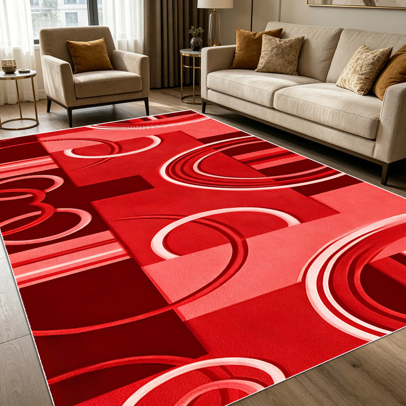 1PC Rich Red Tone Modern Abstract Geometric Overlapping Circle & Stripe Pattern area rugs for Living Room, Soft and Comfortable, Suitable for all seasons, easy-to-maintain, machine washable Indoor floor mat, Under Table Farmhouse suitable for dining