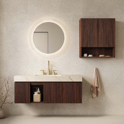 Ensemble combiné de 48 po + Tobi 26 po, meuble-lavabo suspendu avec rangement, comptoir en pierre frittée veinée, lavabo en céramique, 3 trous prépercés pour robinetterie, robinetterie et bonde non inclus, aspect bois