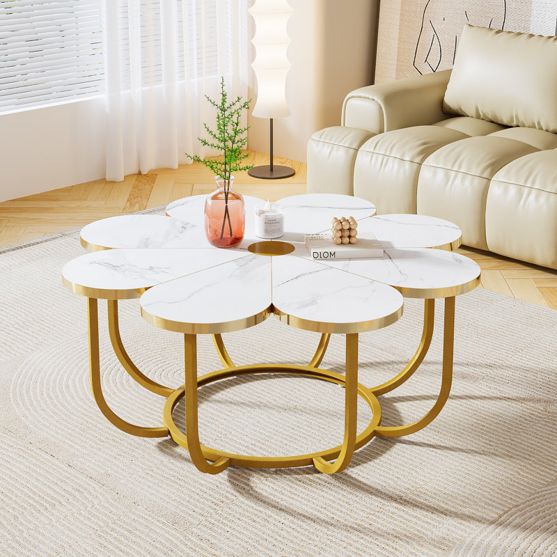 Behrett Flower-Shaped Coffee Table, White/Gold