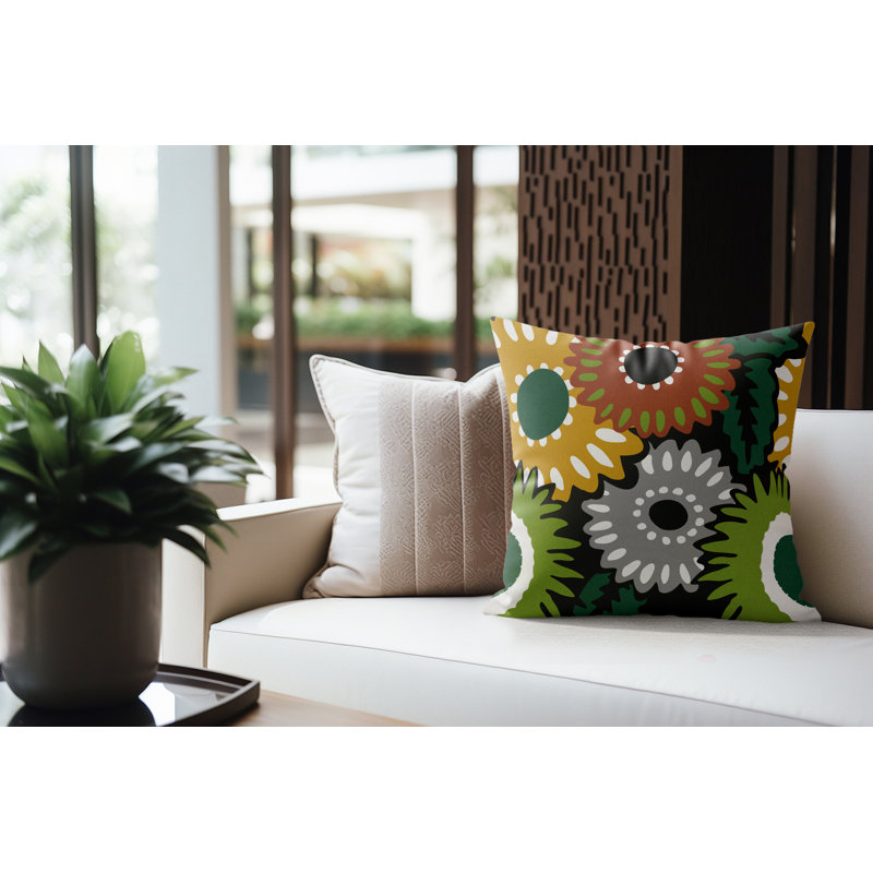 Coussin Biso, Black/Brown/Ochre/Green Floral, Carré 16 po