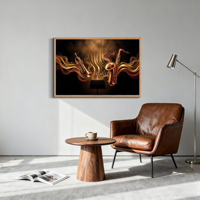 Art mural sur toile, trompette dorée et saxophone avec notes de musique