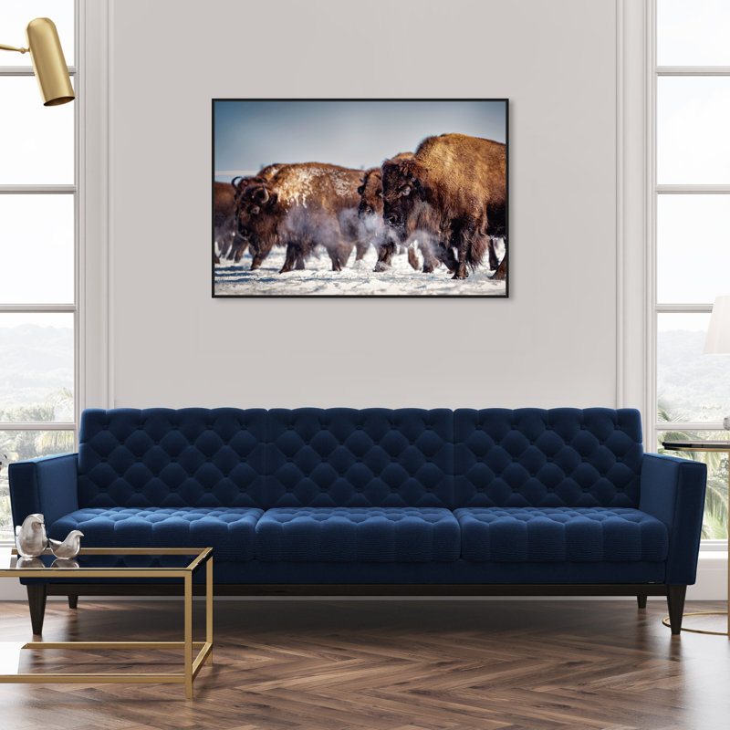 Buffalo Herd In A Snow Landscape Print, 31" H x 46" W, Black Framed
