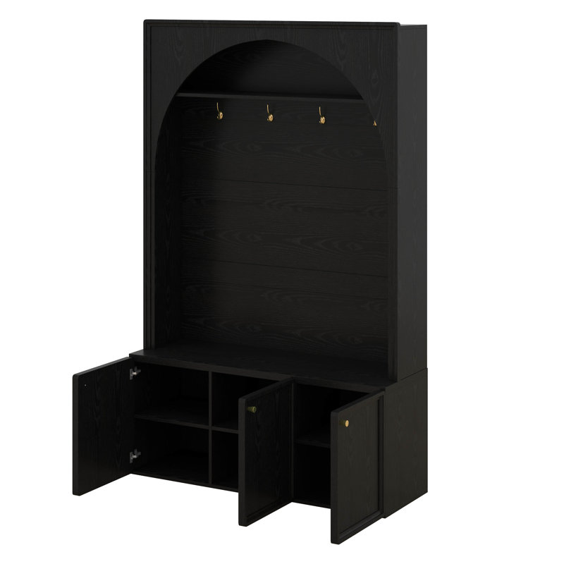Entryway Hall Tree With Storage Bench, Adjustable Shelves, Arched Coat Rack With 4 Golden Hooks And 3 Cabinets, Black