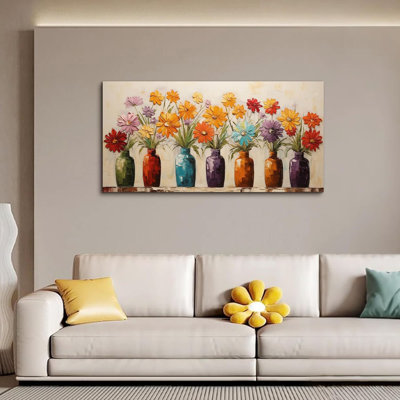 Art floral sur toile marguerite, fleur abstraite moderne dans un vase, décoration murale pour bureau de chambre à coucher, impression horizontale de peinture, décorations pour la maison, taille 48 po x 24 po