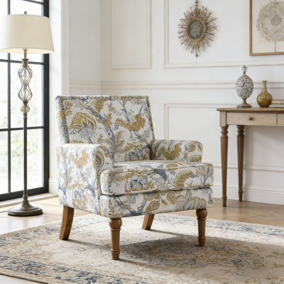 Accent Chair, Floral Upholstery, Nailhead Trim, Solid Wood Legs