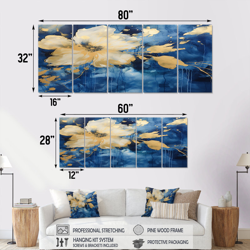 Art mural doré doré sur fond bleu glamour Nuevo - 5 pièces, H 32 po x l 80 po