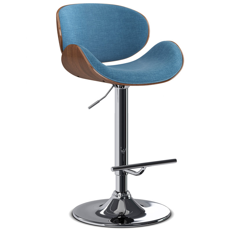 Marana Adjustable Swivel Upholstered Mid-Century Modern Bar Stool with Bentwood Frame, Linen Look Woven Fabric-Blue