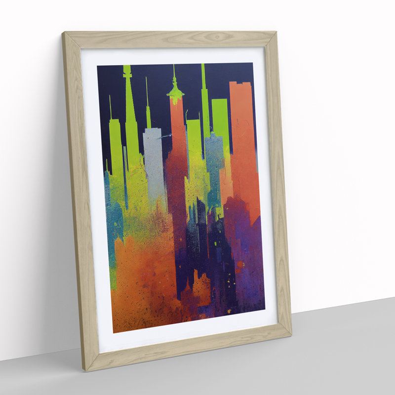 Dripping City Skyline No.4 Abstract 1 Piece Single Picture Frame Wall Art, 46cm H x 34cm W x 2cm D, Oak