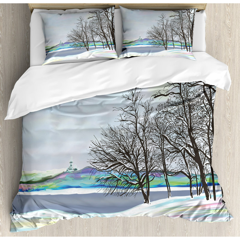 King Multicolor Microfiber Winter Forest Duvet Cover Set