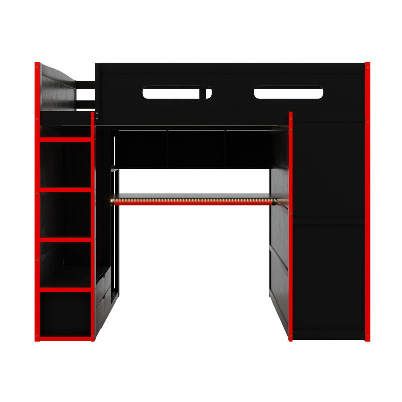 Full Size Wooden Loft Bed With Desk, Wardrobe, Ample Storage, And LED Illumination, Red