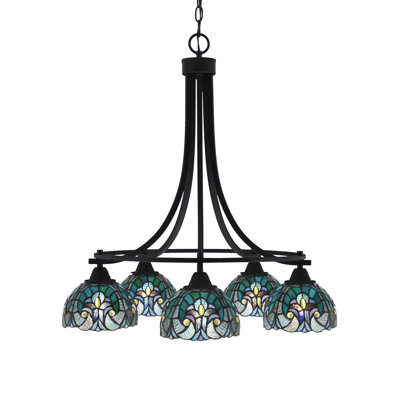 Lustre 5 lumières Paramount présenté dans une finition noir mat avec verre d'art cyprès turquoise de 7 po