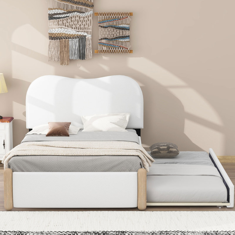 Lit simple tapissier simple avec tête de lit et lit gigogne, blanc - lit gigogne en molleton doux et confortable, Lit simple