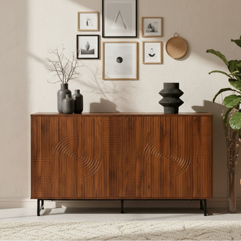 Armoire de rangement de style Mid-Century 59 po Aukfa, buffet en bois avec portes géométriques, pieds en métal pour le salon / entrée, noyer