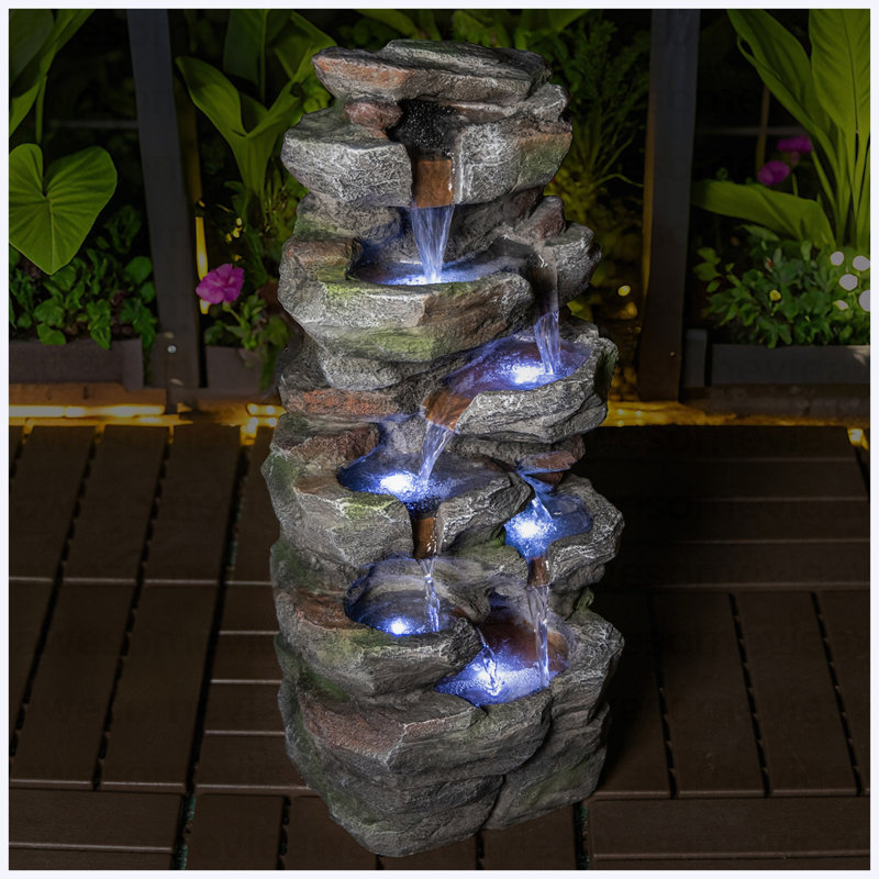 Rock Waterfall Outdoor Fountain With LED Lights Stone Garden Fountains Outdoor Décor For Patio Lawn Backyard Cascading Tiered Outdoor Water Fountain