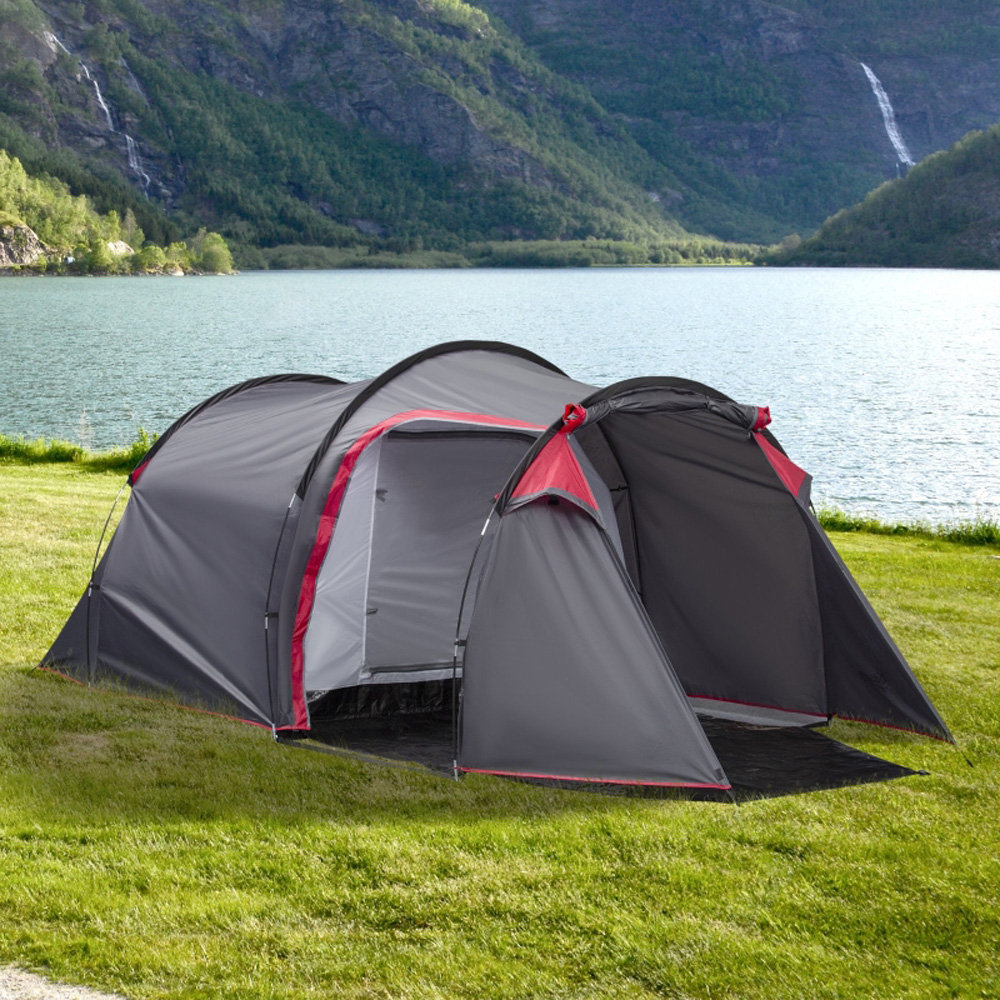 Grey 2-3 Person Tunnel Camping Tent, 2000mm Waterproof Tent With Sewn-in Groundsheet, Porch & Living Area