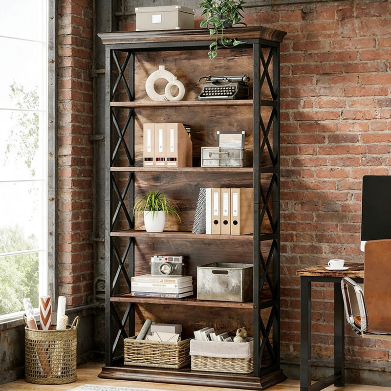 Bibliothèque de style moderne à 6 niveaux, métal et bois, motif en X, amplement d'espace pour les décorations, fabrication en bois spacieuse de 11,92 pouces de largeur, chaque tablette peut supporter 50 livres, hauteur de 69,39 pouces