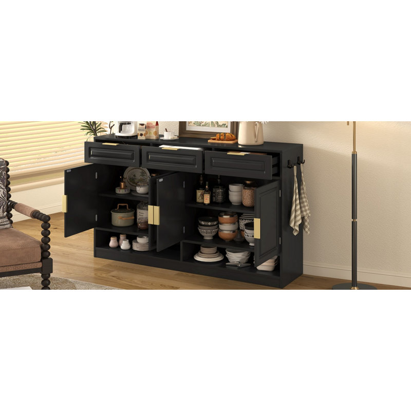 59.1" Farmhouse Sideboard with 3 Drawers & 4 Doors, U-Style Storage Buffet with Adjustable Shelf and Open Compartments, Multi-Functional Cabinet for Dining Room and Living Room