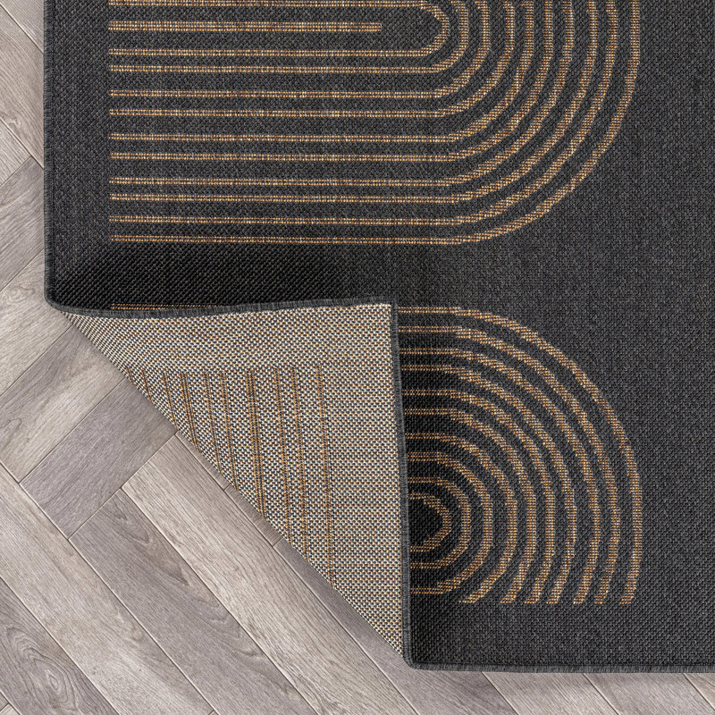 Geometric Border Dark Gray/Natural Easy-Care Jute-Style Indoor/Outdoor Flat Woven Area Rug, Rectangle 6'7" x 9', Dark Gray