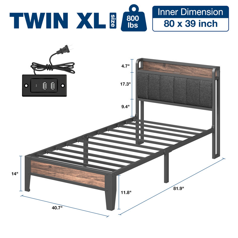 Ebern Designs Upholstered Bed Frame with Charging Station and Storage ...