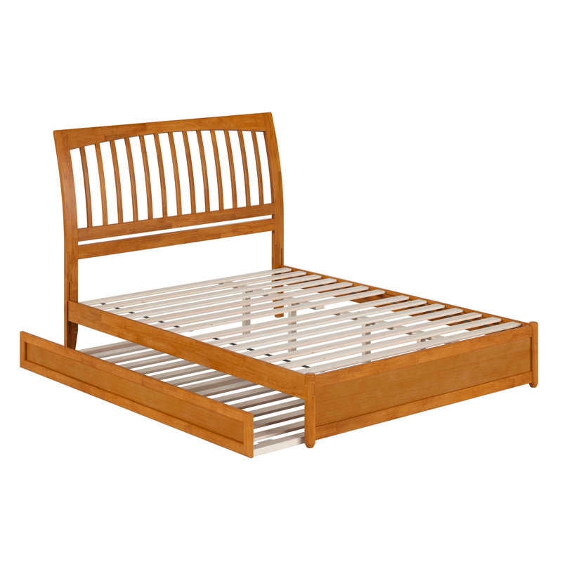 Lit plateforme Imarion avec pied de lit à panneau et lit gigogne, Caramel clair, Grand