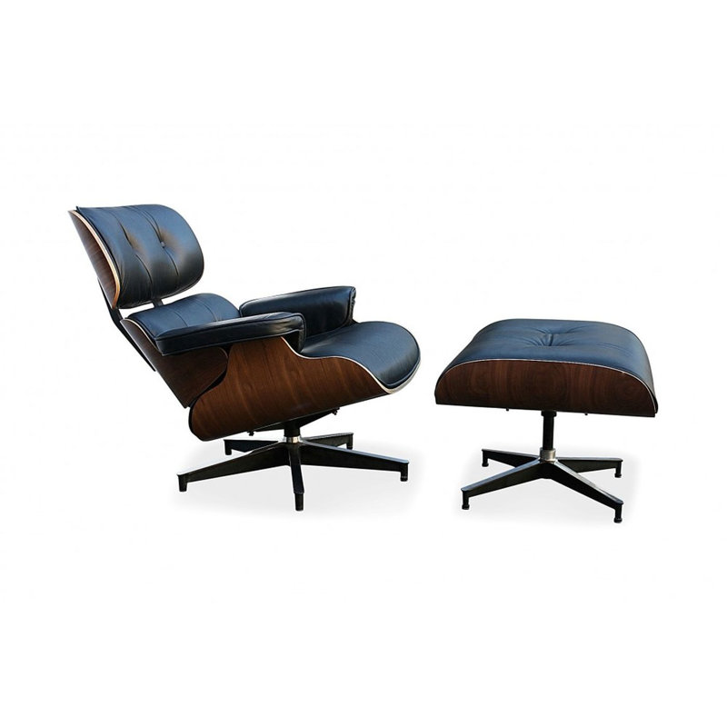 Méridienne et repose-pieds en cuir Grain, Cuir véritable noir, Noyer