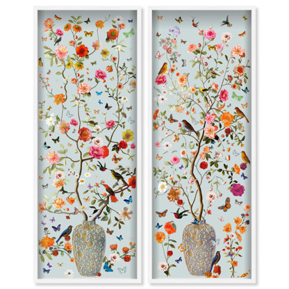Oliver Gal Blooming Coral and Blue Set Floral and Botanical - 3D Shadowbox Framed Wall Art