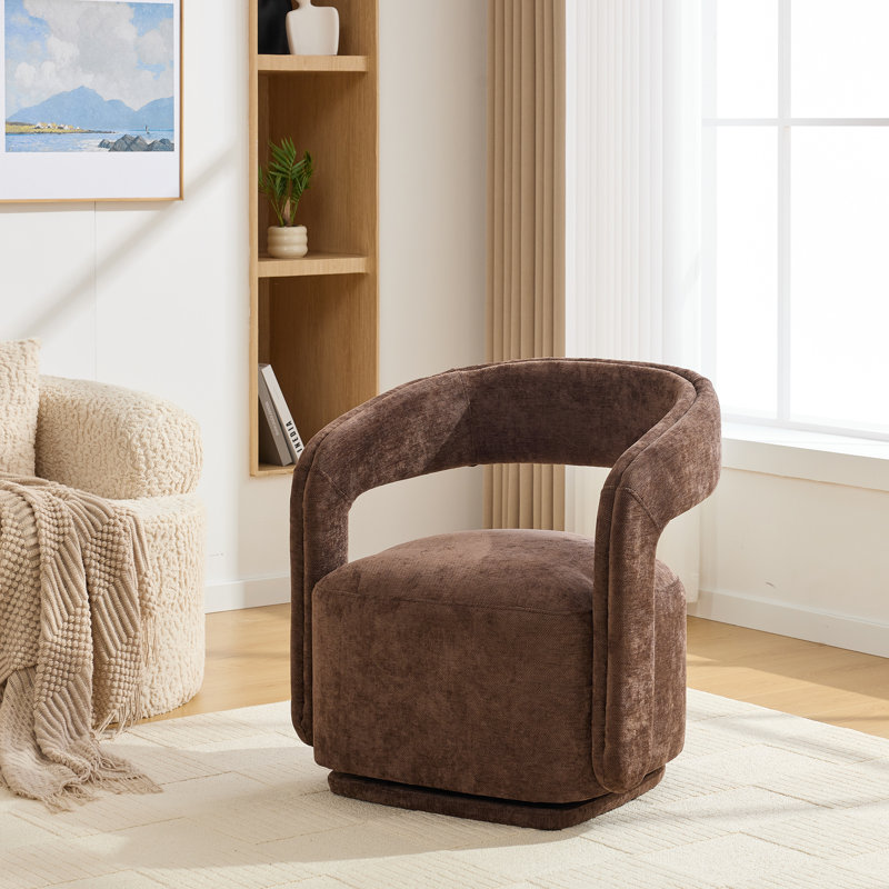 Upholstered Swivel Accent Chair With Chenille Fabric, Comfy Barrel Leisure Armchair With Open Curved Backrest, Reading Chair With 22-Inch Seat Depth And Width